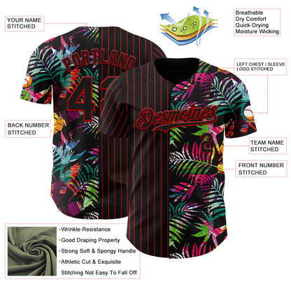Custom Black Red 3D Pattern Design Pinstripe Tropical Palm Leaves Authentic Baseball Jersey - Sky-Custom