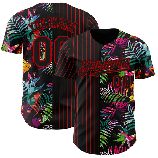 Custom Black Red 3D Pattern Design Pinstripe Tropical Palm Leaves Authentic Baseball Jersey - Sky-Custom