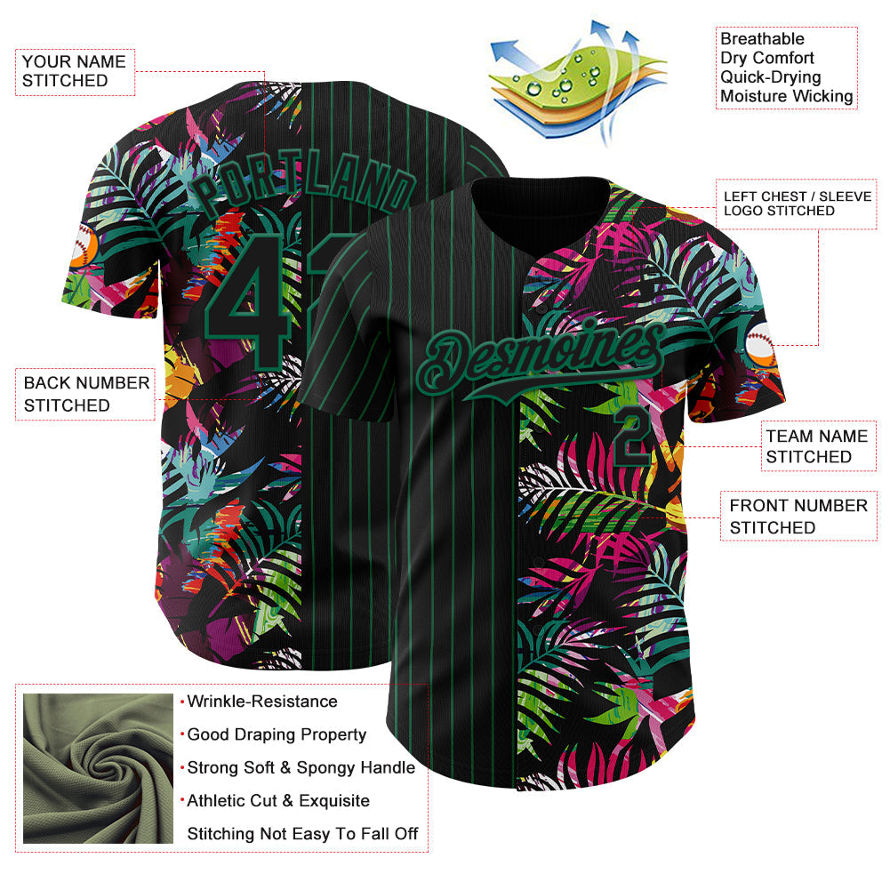 Custom Black Kelly Green 3D Pattern Design Pinstripe Tropical Palm Leaves Authentic Baseball Jersey - Sky-Custom
