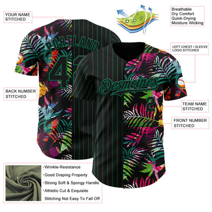 Custom Black Kelly Green 3D Pattern Design Pinstripe Tropical Palm Leaves Authentic Baseball Jersey - Sky-Custom