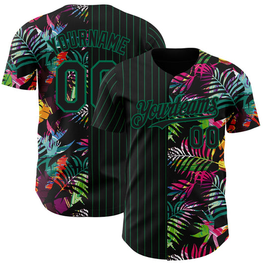 Custom Black Kelly Green 3D Pattern Design Pinstripe Tropical Palm Leaves Authentic Baseball Jersey - Sky-Custom