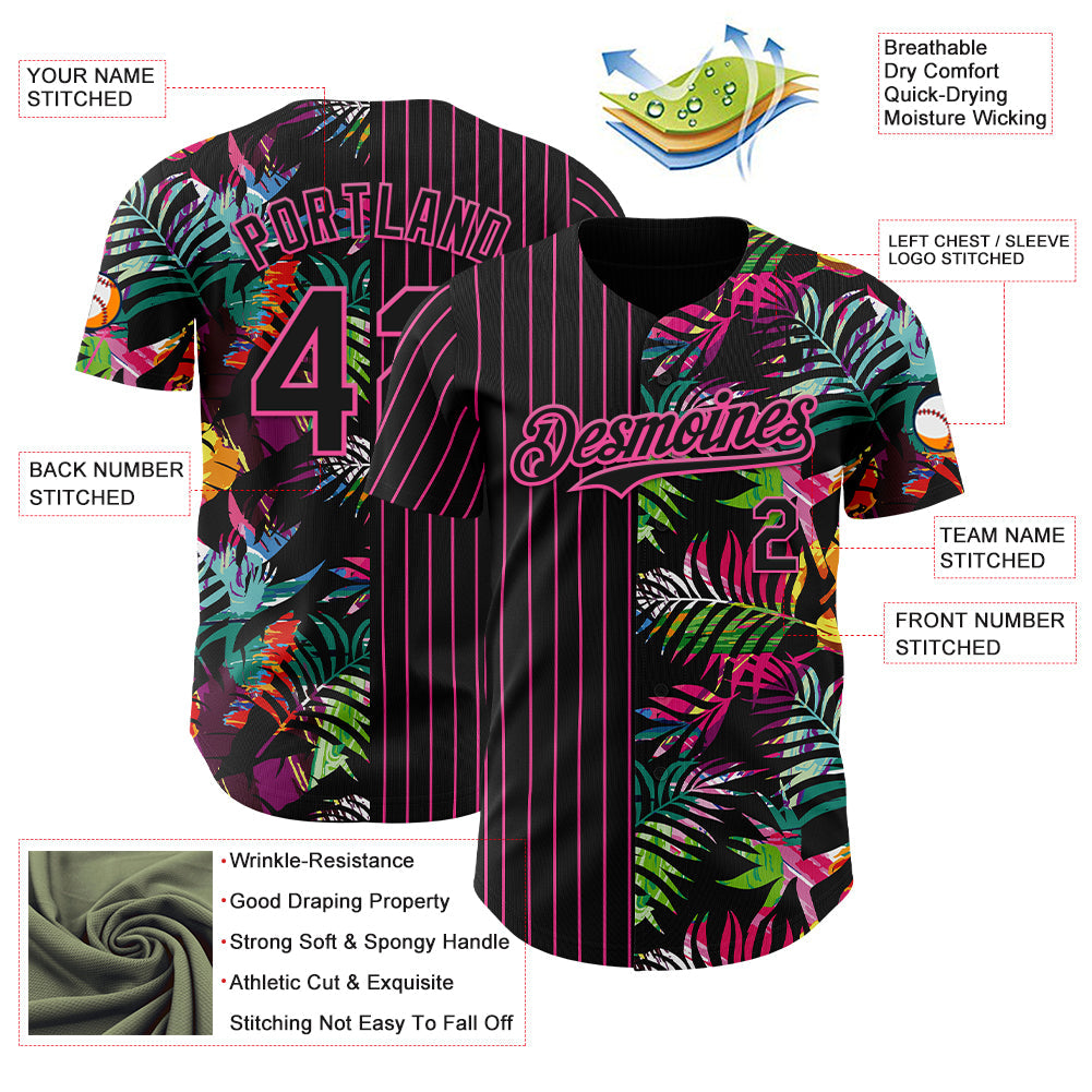 Custom Black Pink 3D Pattern Design Pinstripe Tropical Palm Leaves Authentic Baseball Jersey - Sky-Custom