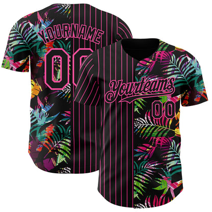 Custom Black Pink 3D Pattern Design Pinstripe Tropical Palm Leaves Authentic Baseball Jersey - Sky-Custom