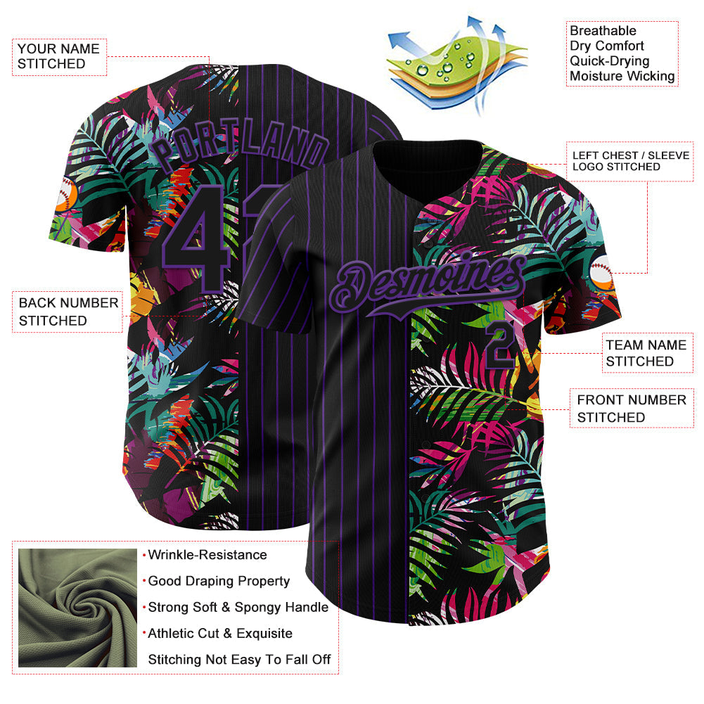 Custom Black Purple 3D Pattern Design Pinstripe Tropical Palm Leaves Authentic Baseball Jersey - Sky-Custom