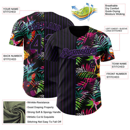 Custom Black Purple 3D Pattern Design Pinstripe Tropical Palm Leaves Authentic Baseball Jersey - Sky-Custom