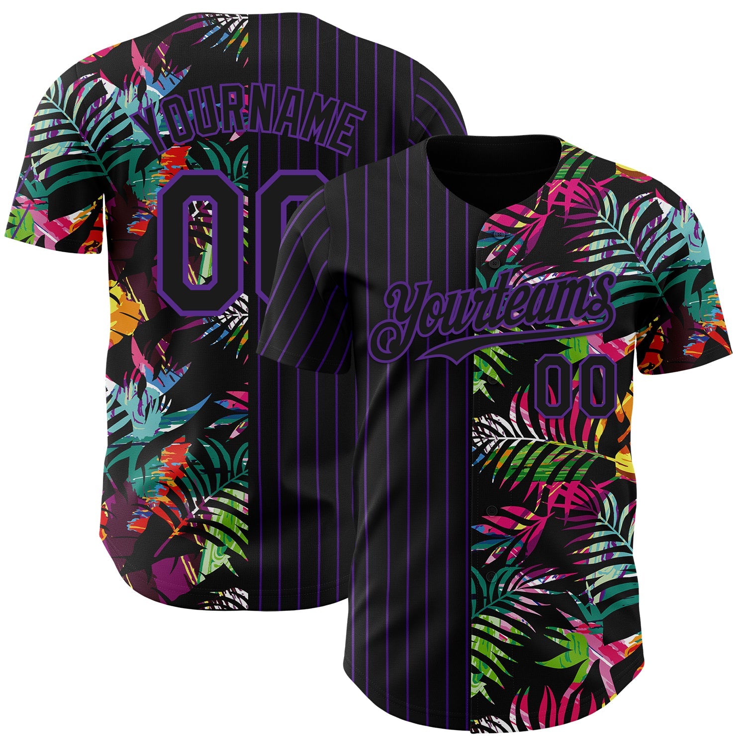 Custom Black Purple 3D Pattern Design Pinstripe Tropical Palm Leaves Authentic Baseball Jersey - Sky-Custom