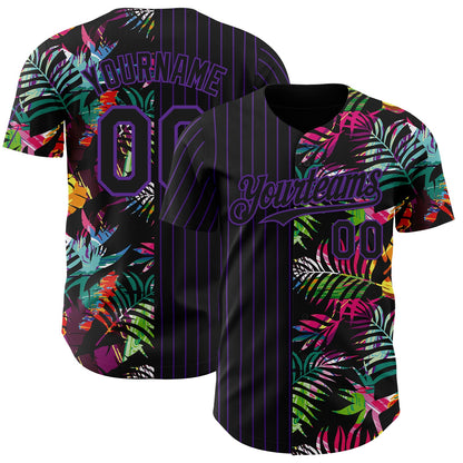 Custom Black Purple 3D Pattern Design Pinstripe Tropical Palm Leaves Authentic Baseball Jersey - Sky-Custom