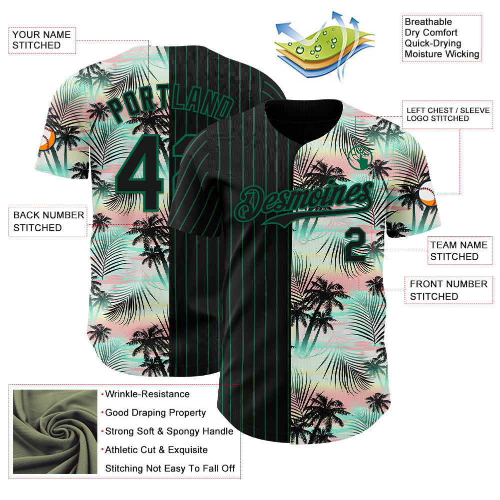 Custom Black Kelly Green 3D Pattern Design Pinstripe Tropical Palm Leaves Authentic Baseball Jersey - Sky-Custom
