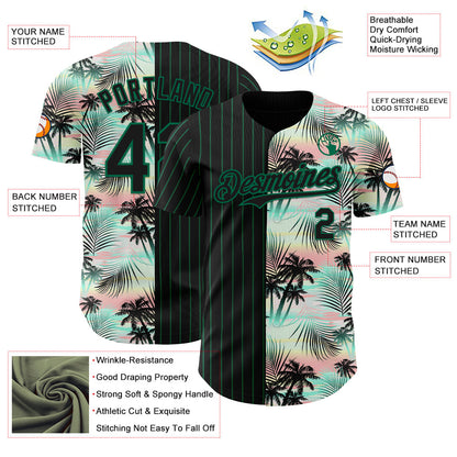 Custom Black Kelly Green 3D Pattern Design Pinstripe Tropical Palm Leaves Authentic Baseball Jersey - Sky-Custom