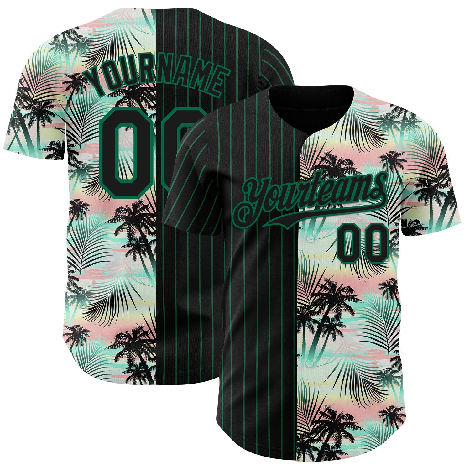 Custom Black Kelly Green 3D Pattern Design Pinstripe Tropical Palm Leaves Authentic Baseball Jersey - Sky-Custom