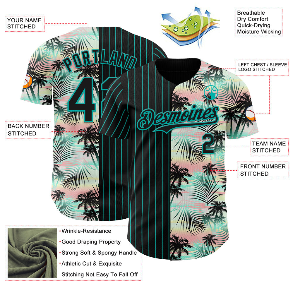 Custom Black Aqua 3D Pattern Design Pinstripe Tropical Palm Leaves Authentic Baseball Jersey - Sky-Custom