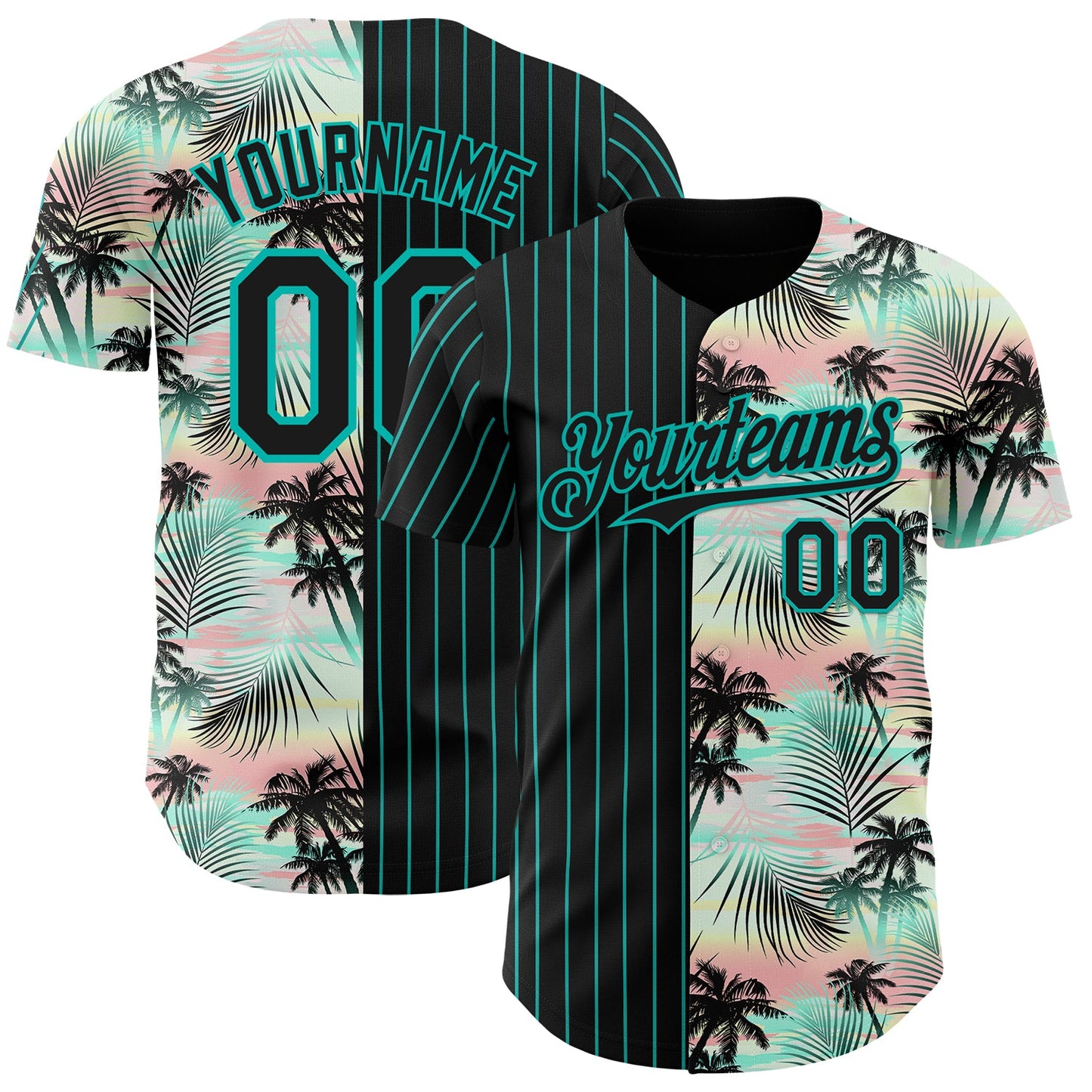 Custom Black Aqua 3D Pattern Design Pinstripe Tropical Palm Leaves Authentic Baseball Jersey - Sky-Custom