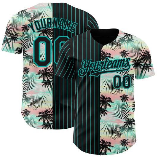 Custom Black Aqua 3D Pattern Design Pinstripe Tropical Palm Leaves Authentic Baseball Jersey - Sky-Custom