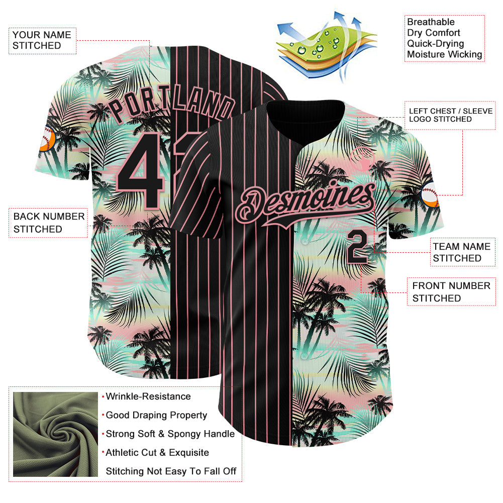 Custom Black Medium Pink 3D Pattern Design Pinstripe Tropical Palm Leaves Authentic Baseball Jersey - Sky-Custom