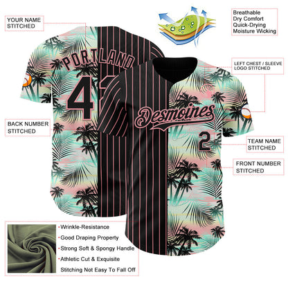 Custom Black Medium Pink 3D Pattern Design Pinstripe Tropical Palm Leaves Authentic Baseball Jersey - Sky-Custom