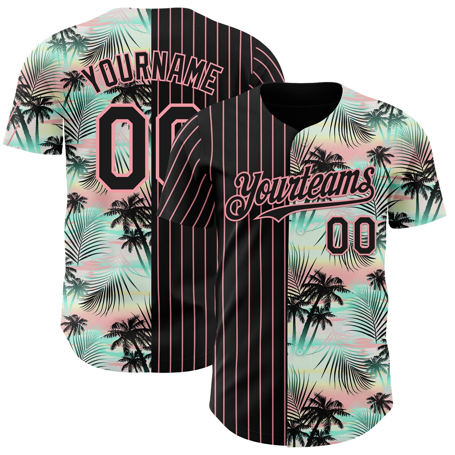 Custom Black Medium Pink 3D Pattern Design Pinstripe Tropical Palm Leaves Authentic Baseball Jersey - Sky-Custom