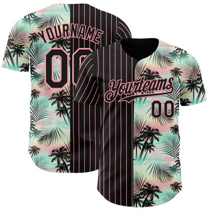 Custom Black Medium Pink 3D Pattern Design Pinstripe Tropical Palm Leaves Authentic Baseball Jersey - Sky-Custom