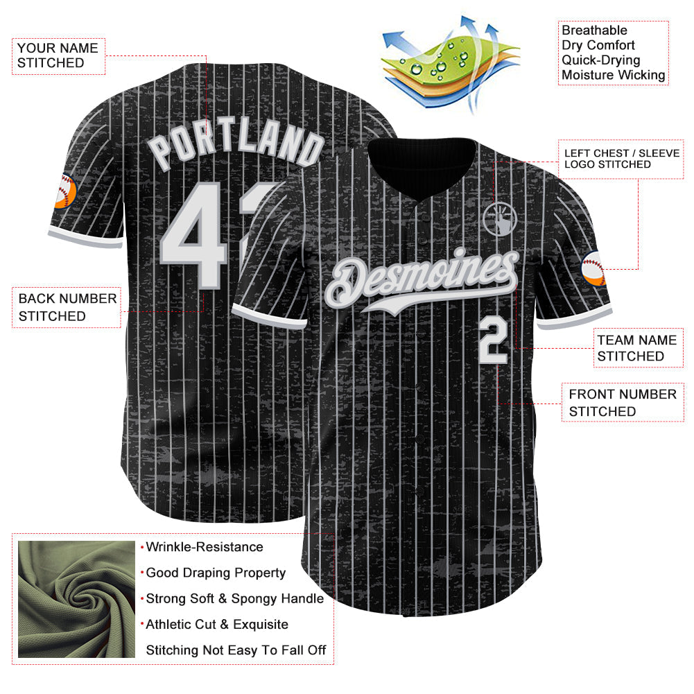 Custom Black Gray Pinstripe White 3D Pattern Design Fragment Art Authentic Baseball Jersey - Sky-Custom