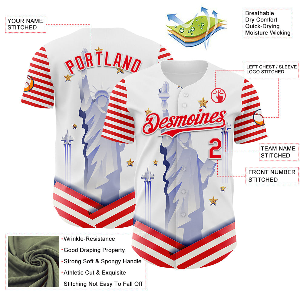 Custom White Fire Red 3D Patriotic American Flag And Statue of Liberty Authentic Baseball Jersey - Sky-Custom