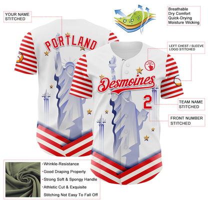 Custom White Fire Red 3D Patriotic American Flag And Statue of Liberty Authentic Baseball Jersey - Sky-Custom