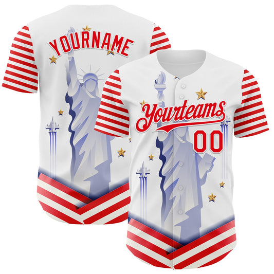 Custom White Fire Red 3D Patriotic American Flag And Statue of Liberty Authentic Baseball Jersey - Sky-Custom