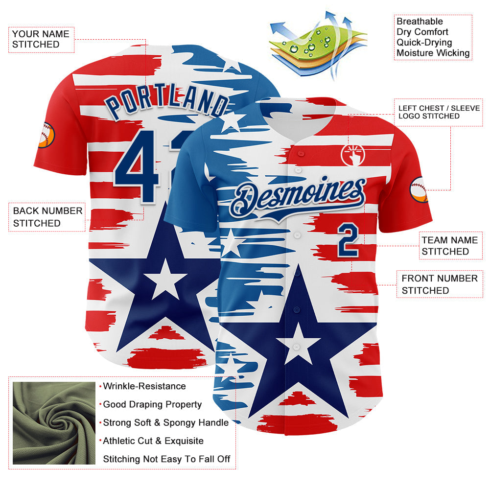 Custom White US Navy Blue-Red 3D Patriotic American Flag Authentic Baseball Jersey - Sky-Custom