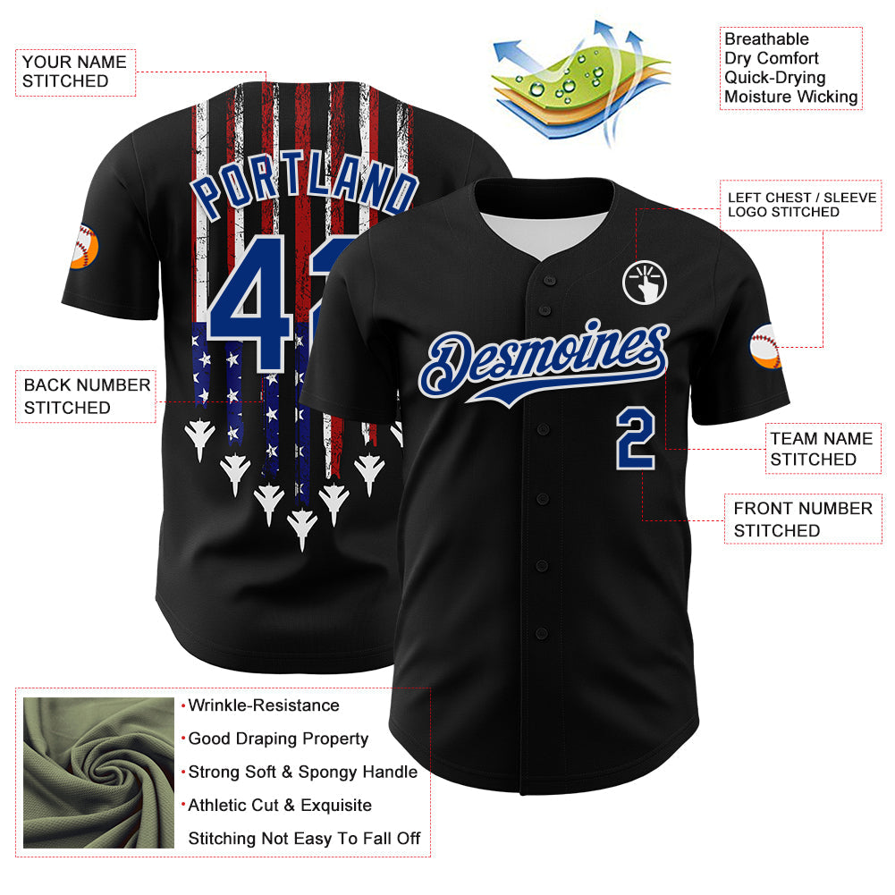 Custom Black Royal Red-White 3D Patriotic American Flag Authentic Baseball Jersey - Sky-Custom
