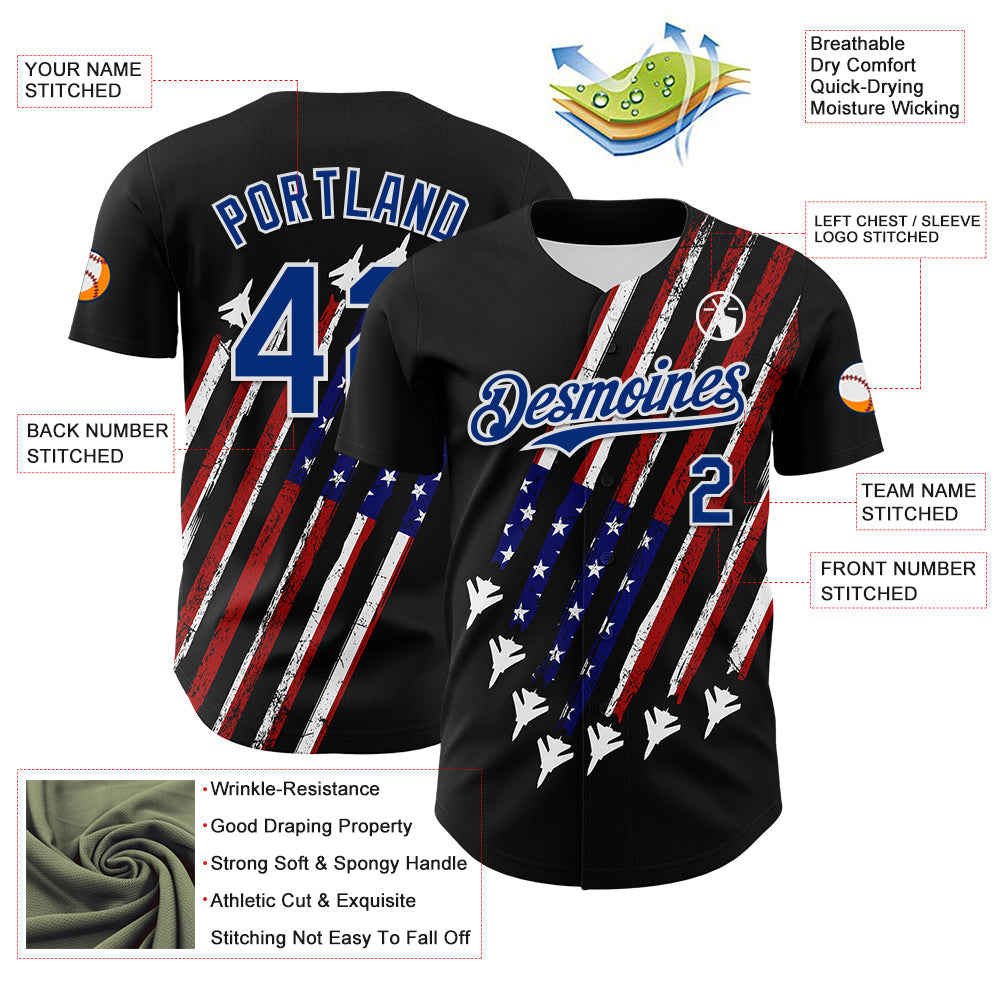 Custom Black Royal Red-White 3D Patriotic American Flag Authentic Baseball Jersey - Sky-Custom