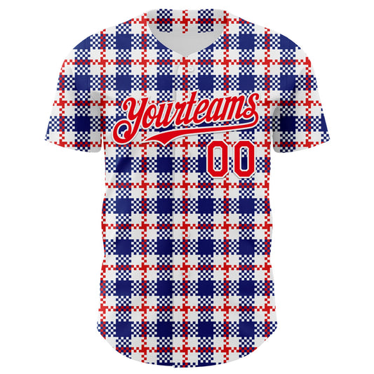 Custom White Fire Red-Royal 3D Pattern Design Patriotic American Symbol Plaid Authentic Baseball Jersey - Sky-Custom