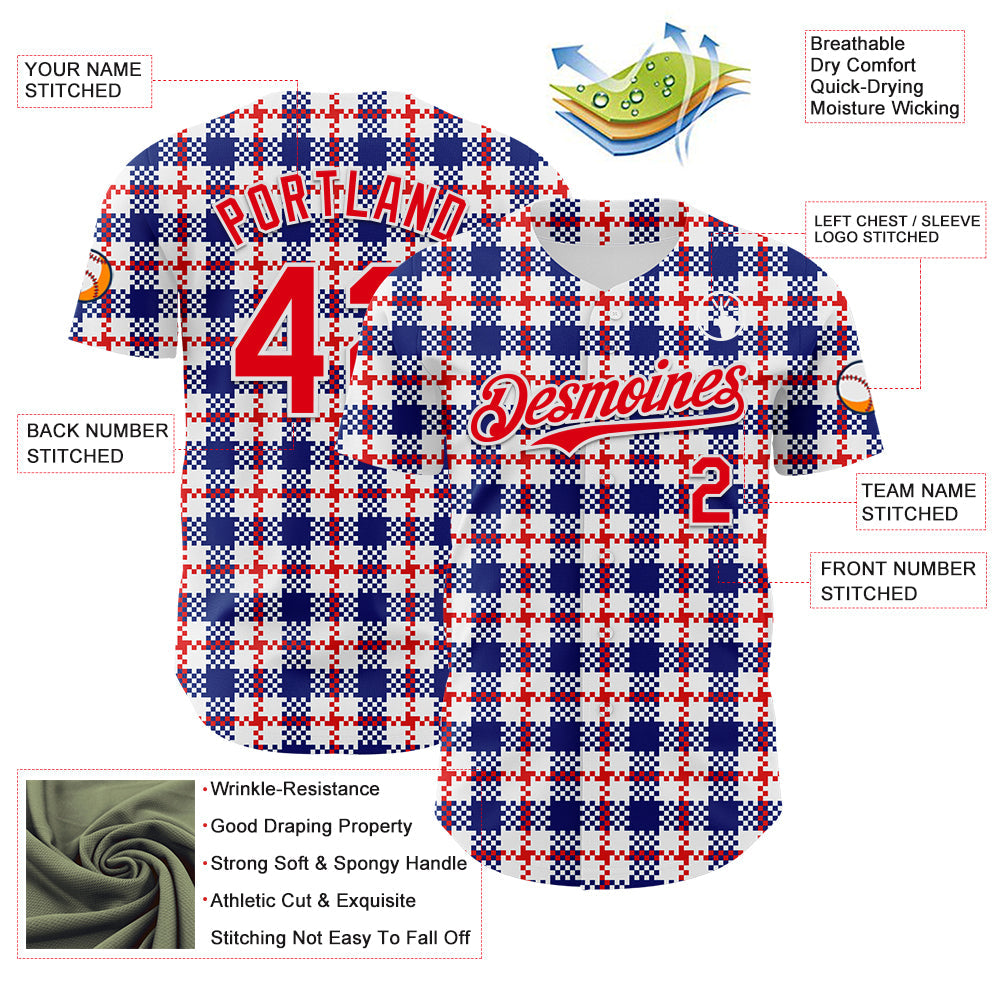 Custom White Fire Red-Royal 3D Pattern Design Patriotic American Symbol Plaid Authentic Baseball Jersey - Sky-Custom