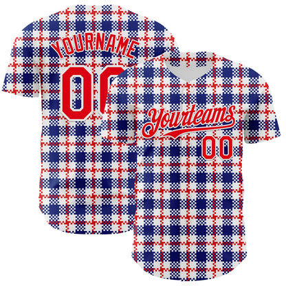 Custom White Fire Red-Royal 3D Pattern Design Patriotic American Symbol Plaid Authentic Baseball Jersey - Sky-Custom