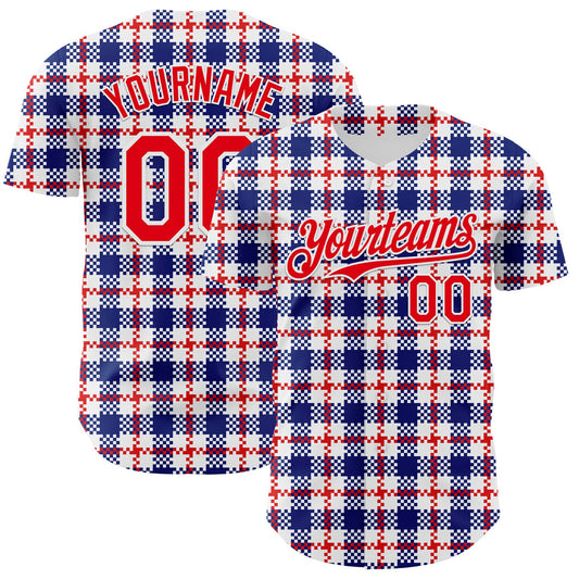 Custom White Fire Red-Royal 3D Pattern Design Patriotic American Symbol Plaid Authentic Baseball Jersey - Sky-Custom