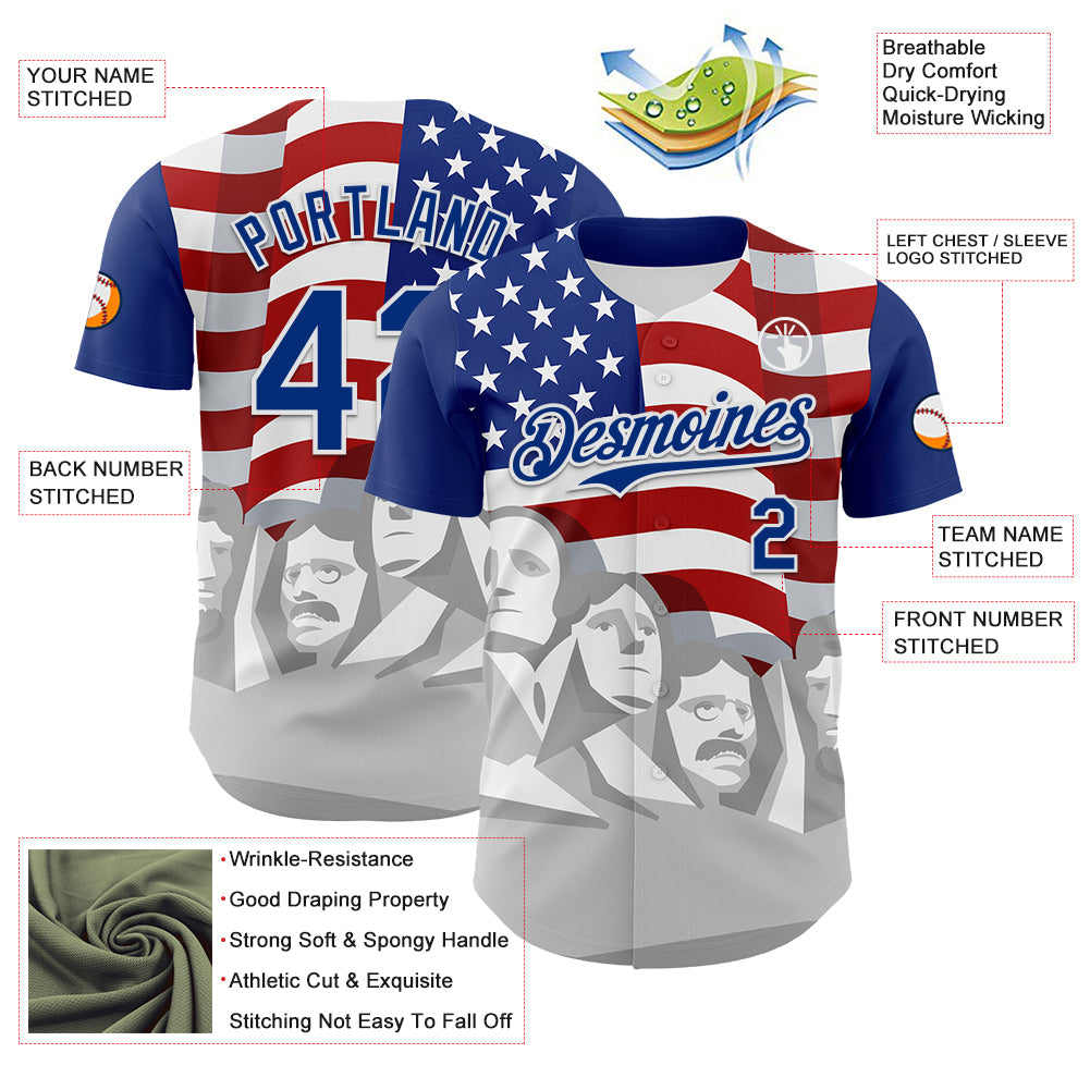 Custom Royal Red Gray-White 3D Patriotic American Flag And President's Day Authentic Baseball Jersey - Sky-Custom