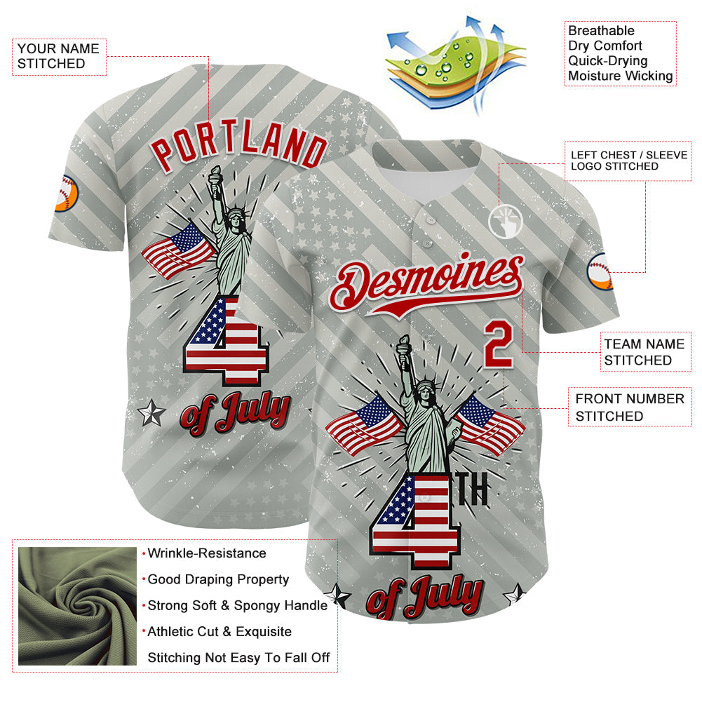 Custom Gray Red-White 3D Patriotic American Flag And Statue of Liberty Authentic Baseball Jersey - Sky-Custom