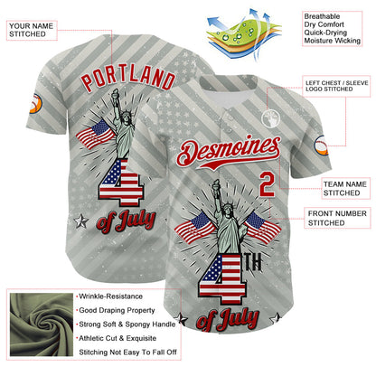 Custom Gray Red-White 3D Patriotic American Flag And Statue of Liberty Authentic Baseball Jersey - Sky-Custom
