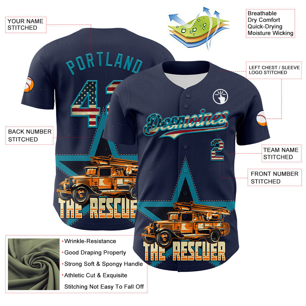 Custom Navy Vintage USA Flag-Teal 3D Patriotic American Symbol Fire Truck Authentic Baseball Jersey - Sky-Custom