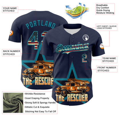 Custom Navy Vintage USA Flag-Teal 3D Patriotic American Symbol Fire Truck Authentic Baseball Jersey - Sky-Custom