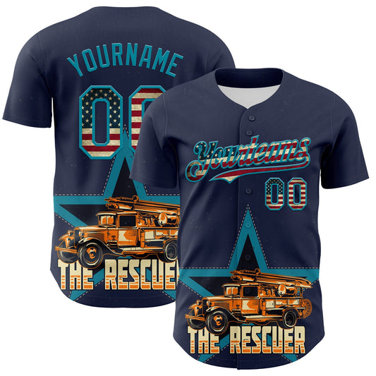 Custom Navy Vintage USA Flag-Teal 3D Patriotic American Symbol Fire Truck Authentic Baseball Jersey - Sky-Custom