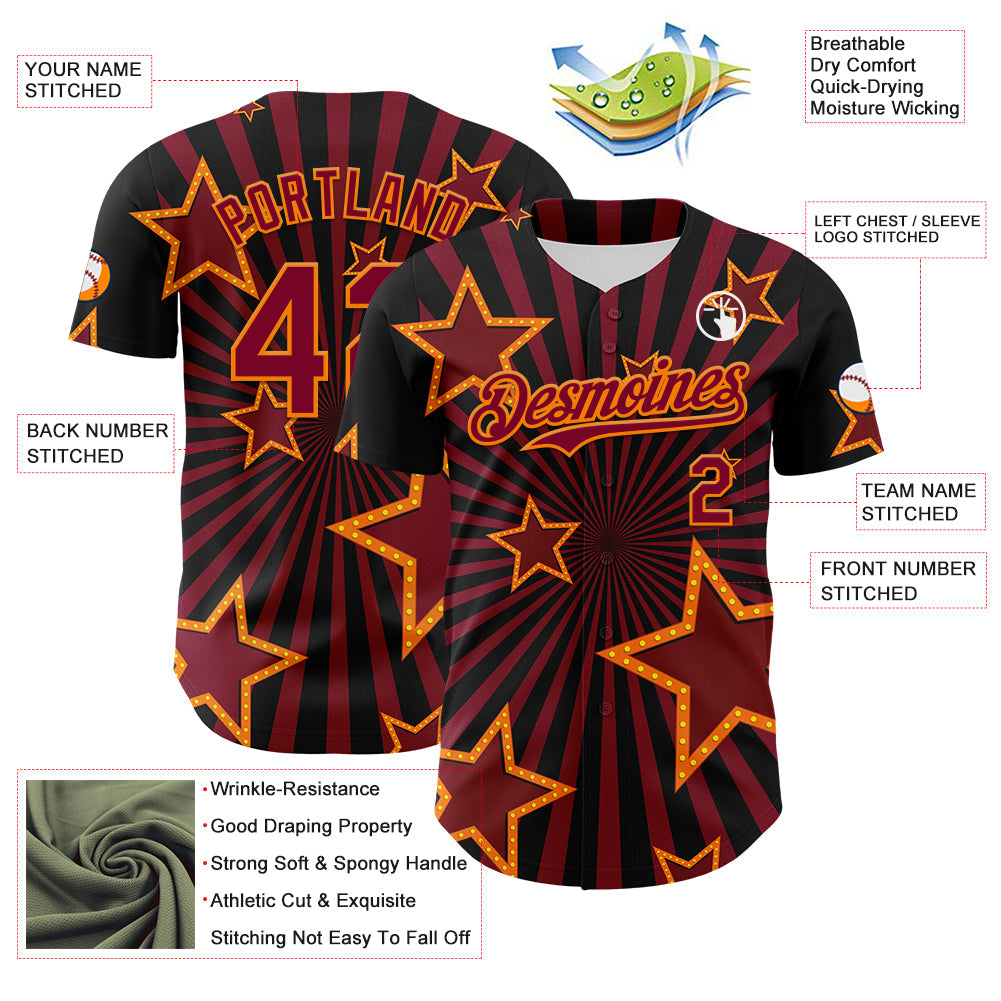 Custom Black Maroon-Bay Orange 3D Pattern Design Patriotic American Symbol Star Authentic Baseball Jersey - Sky-Custom