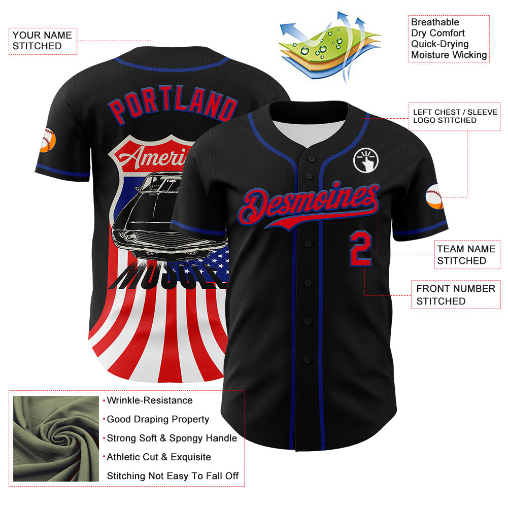 Custom Black Fire Red-Royal 3D Patriotic American Flag And Muscle Car Authentic Baseball Jersey - Sky-Custom