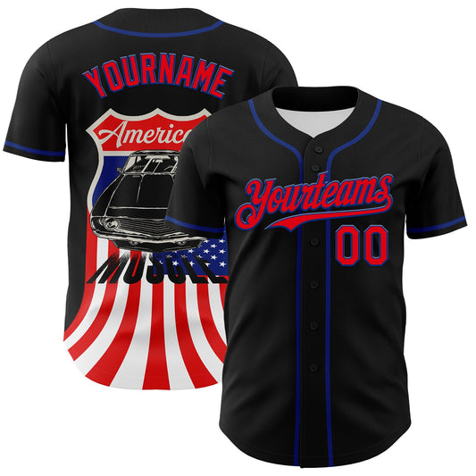 Custom Black Fire Red-Royal 3D Patriotic American Flag And Muscle Car Authentic Baseball Jersey - Sky-Custom