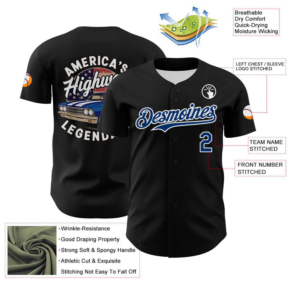 Custom Black US Navy Blue-White 3D Patriotic American Flag And Muscle Car Authentic Baseball Jersey - Sky-Custom
