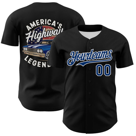 Custom Black US Navy Blue-White 3D Patriotic American Flag And Muscle Car Authentic Baseball Jersey - Sky-Custom