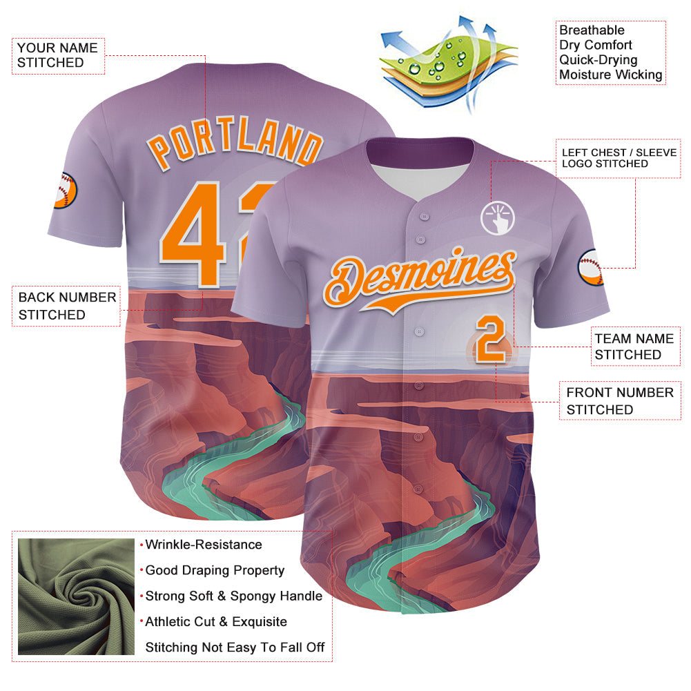 Custom Purple Bay Orange-White 3D Pattern Design Patriotic American Symbol Grand Canyon And Colorado River Authentic Baseball Jersey - Sky-Custom