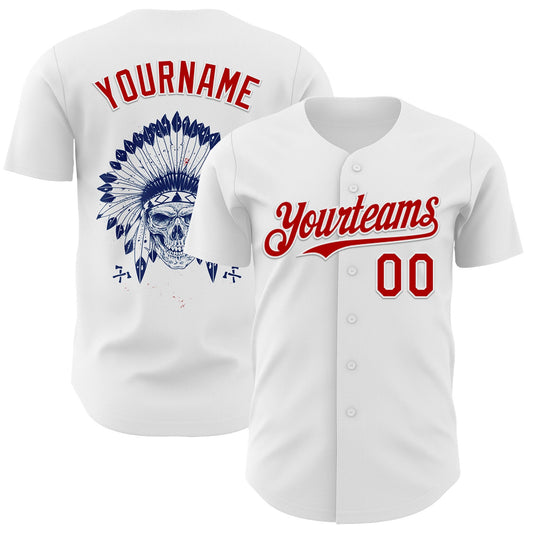 Custom White Red 3D Native American Skull Authentic Baseball Jersey - Sky-Custom