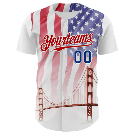 Custom White Royal-Red 3D Patriotic American Flag And Golden Gate Bridge Authentic Baseball Jersey - Sky-Custom