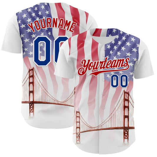 Custom White Royal-Red 3D Patriotic American Flag And Golden Gate Bridge Authentic Baseball Jersey - Sky-Custom
