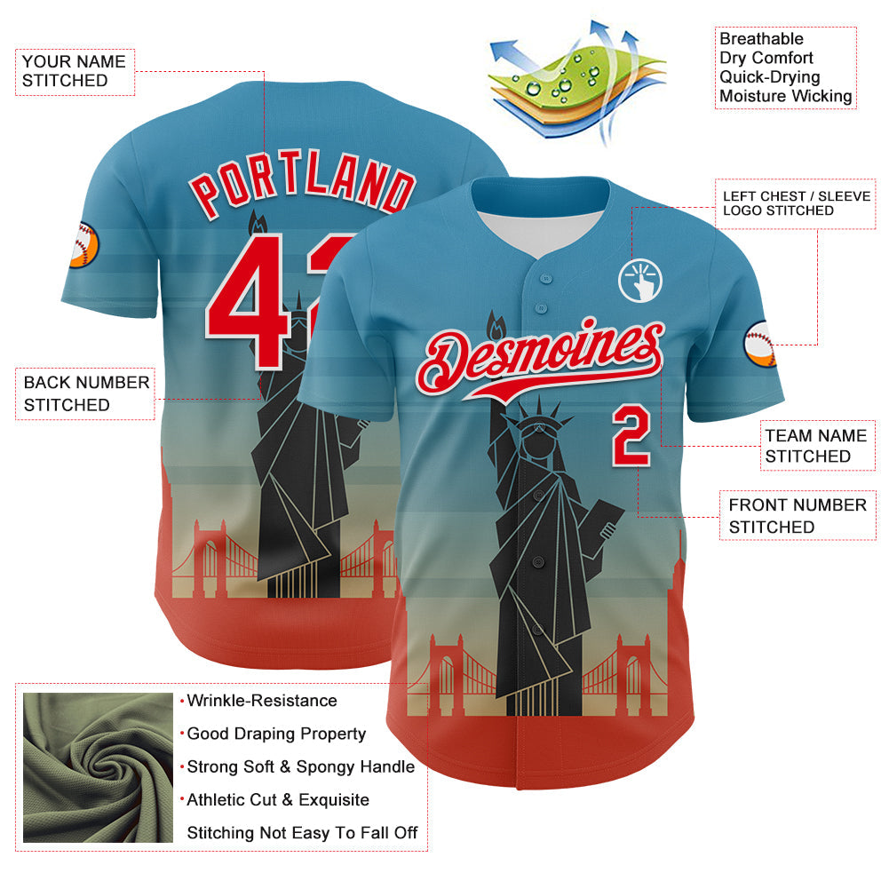 Custom Blue Fire Red-White 3D Pattern Design Patriotic American Symbol Golden Gate Bridge And Statue of Liberty Authentic Baseball Jersey - Sky-Custom