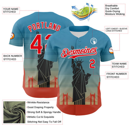 Custom Blue Fire Red-White 3D Pattern Design Patriotic American Symbol Golden Gate Bridge And Statue of Liberty Authentic Baseball Jersey - Sky-Custom