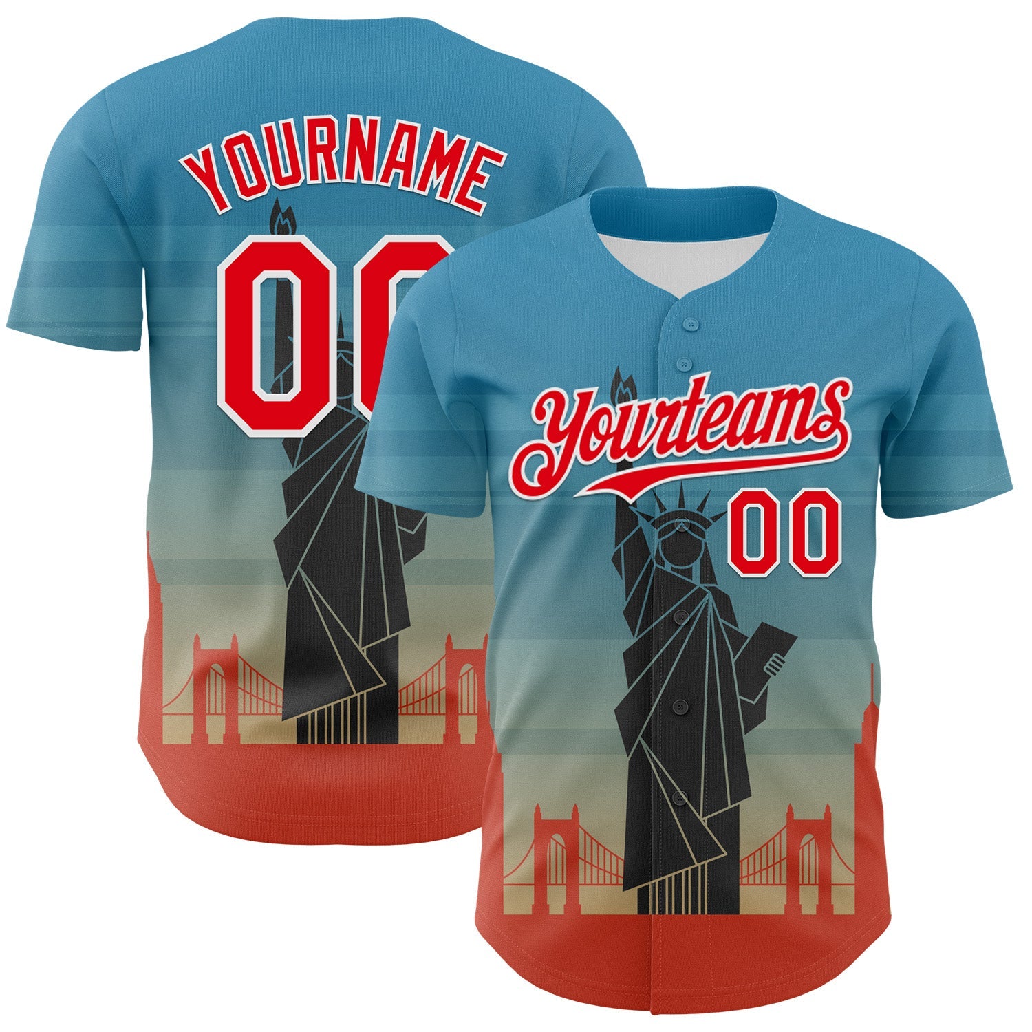 Custom Blue Fire Red-White 3D Pattern Design Patriotic American Symbol Golden Gate Bridge And Statue of Liberty Authentic Baseball Jersey - Sky-Custom